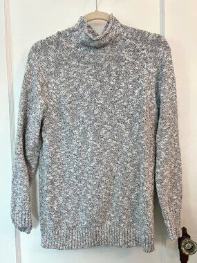 L.L. Bean Mock Neck Sweater 100% Cotton Black White Marl Relaxed Fit Long Sleeve